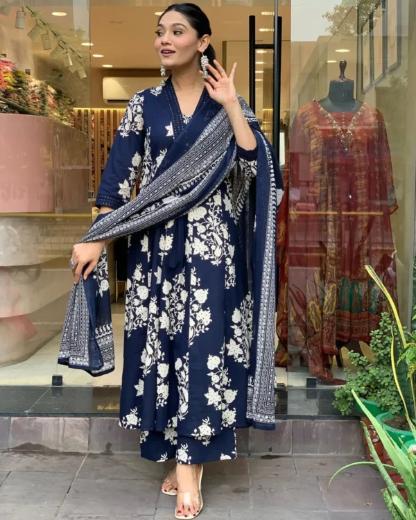 Blue Pure Cotton Kurta Set for Women | Ethnic Wear with Straight Pant | Printed Cotton Dupatta  | Summer Ready Traditional Indian Set - Image 6