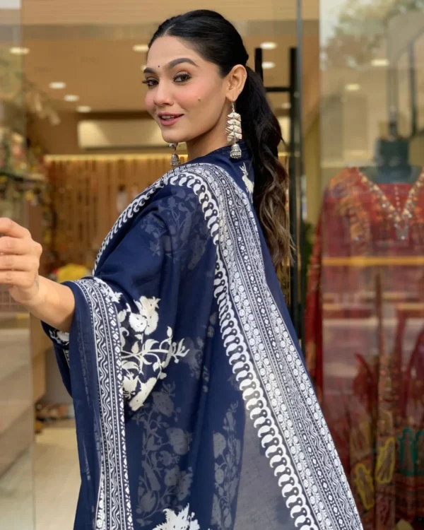 Blue Pure Cotton Kurta Set for Women | Ethnic Wear with Straight Pant | Printed Cotton Dupatta  | Summer Ready Traditional Indian Set - Image 3