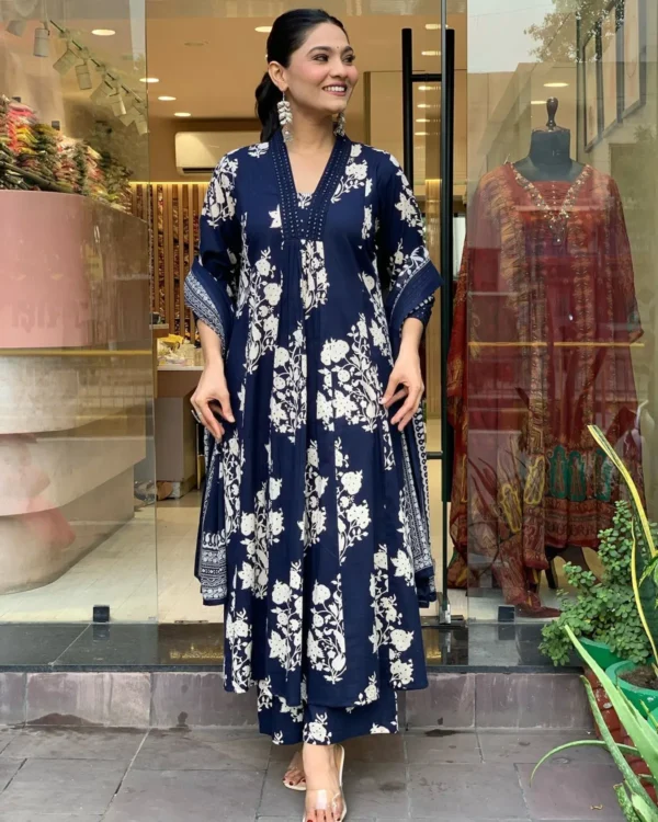 Blue Pure Cotton Kurta Set for Women | Ethnic Wear with Straight Pant | Printed Cotton Dupatta  | Summer Ready Traditional Indian Set - Image 2