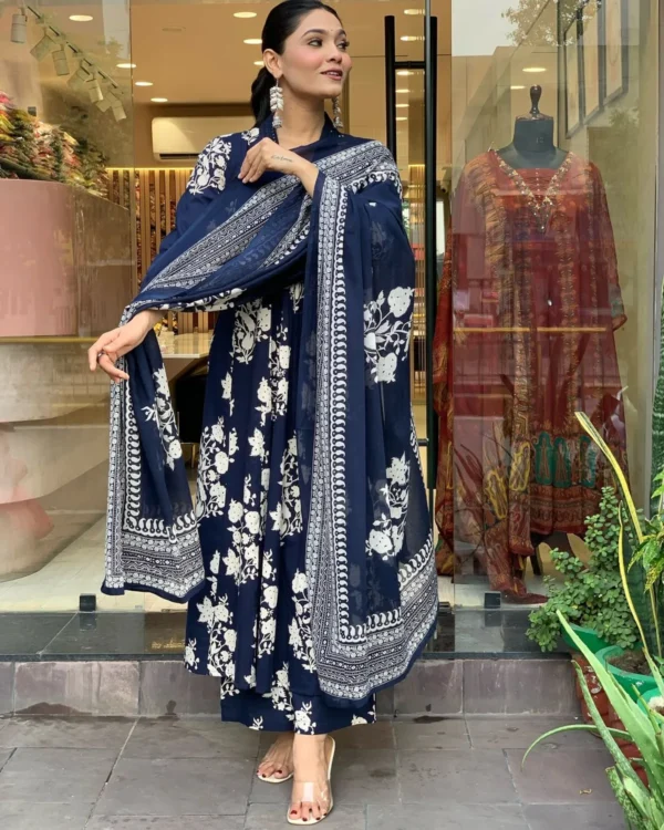 Blue Pure Cotton Kurta Set for Women | Ethnic Wear with Straight Pant | Printed Cotton Dupatta  | Summer Ready Traditional Indian Set - Image 4