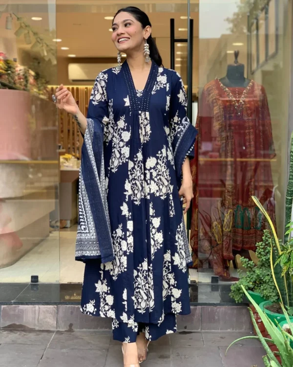 Blue Pure Cotton Kurta Set for Women | Ethnic Wear with Straight Pant | Printed Cotton Dupatta  | Summer Ready Traditional Indian Set - Image 5