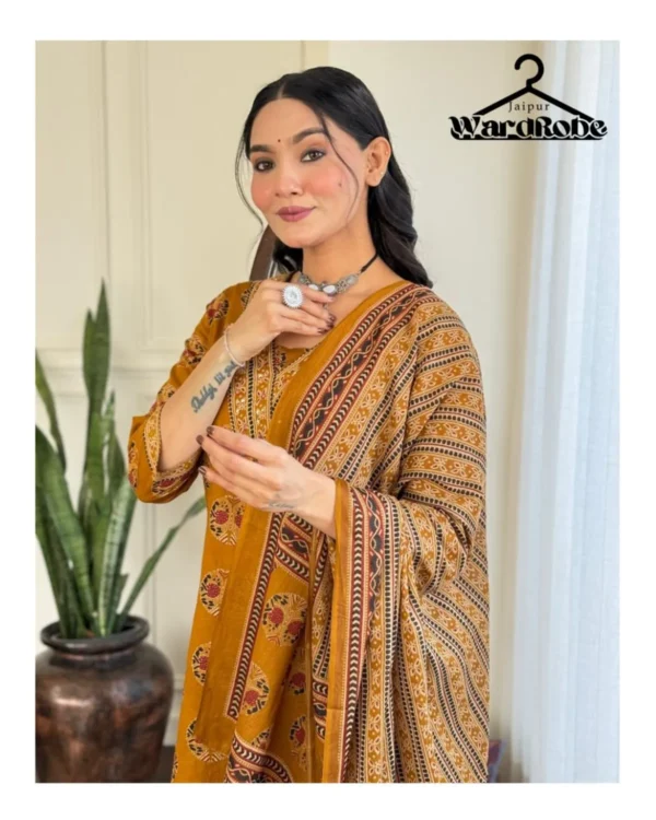 Hasrat Mustard Ajrakh Printed Cotton Suit Set with Dupatta – Priyanka Creations - Image 6