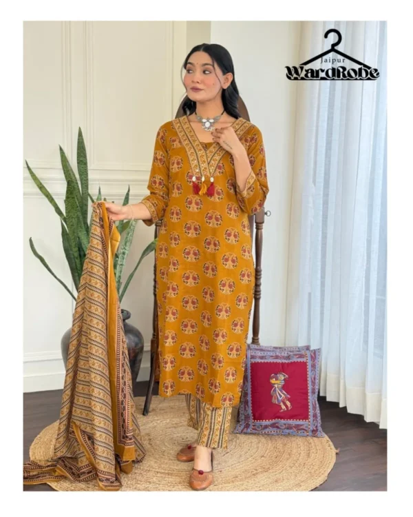 Hasrat Mustard Ajrakh Printed Cotton Suit Set with Dupatta – Priyanka Creations - Image 2