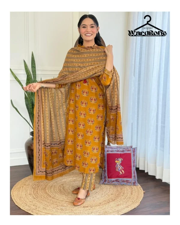 Hasrat Mustard Ajrakh Printed Cotton Suit Set with Dupatta – Priyanka Creations - Image 3