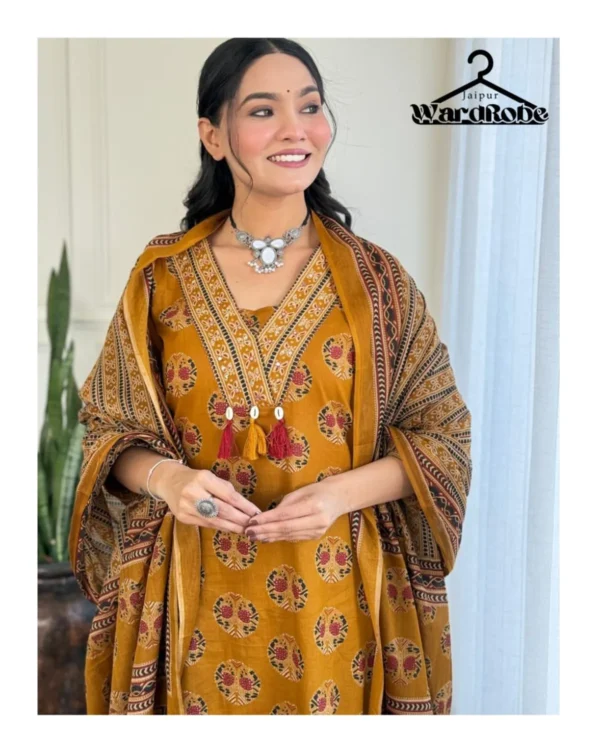 Hasrat Mustard Ajrakh Printed Cotton Suit Set with Dupatta – Priyanka Creations - Image 4
