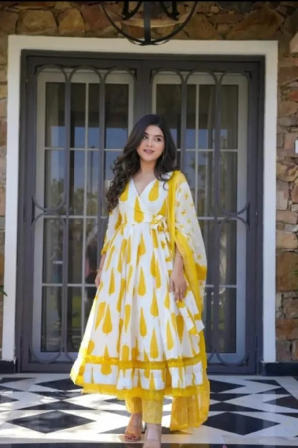 Phool Baagh Yellow Handblock Printed Cotton Anarkali Suit Set with Dupatta – Priyanka Creations - Image 6