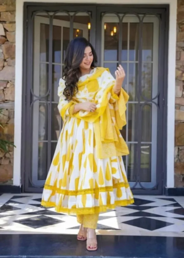 Phool Baagh Yellow Handblock Printed Cotton Anarkali Suit Set with Dupatta – Priyanka Creations - Image 5