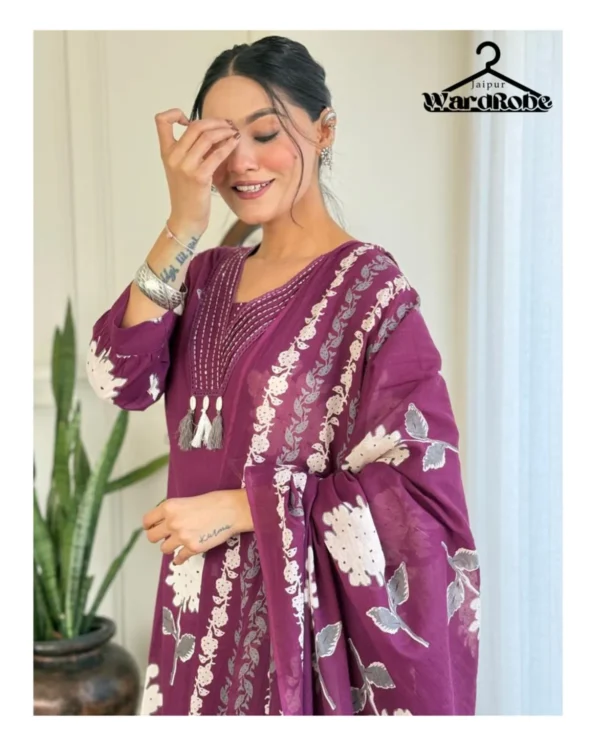 Rose Floral Printed Pure Cotton Suit Set for Women – Elegant Purple Kurta with Embroidered Dupatta - Image 5