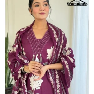 Elegant Purple Rose Floral Cotton Suit