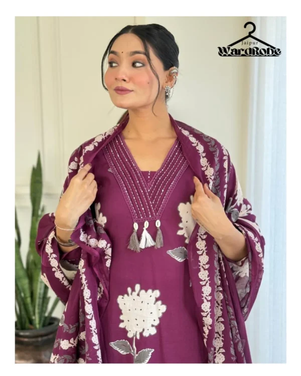 Rose Floral Printed Pure Cotton Suit Set for Women – Elegant Purple Kurta with Embroidered Dupatta - Image 4