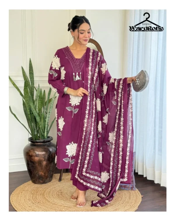 Rose Floral Printed Pure Cotton Suit Set for Women – Elegant Purple Kurta with Embroidered Dupatta - Image 3