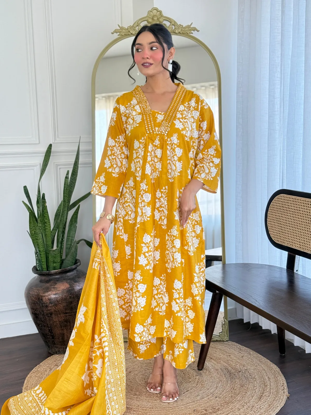 Yellow Pure Cotton Kurta Set for Women | Soft & Breathable Fabric | Ethnic Wear with Straight Pant | Printed Cotton Dupatta | Daily Wear | Office Wear | Summer Ready Traditional Indian Set - Image 6