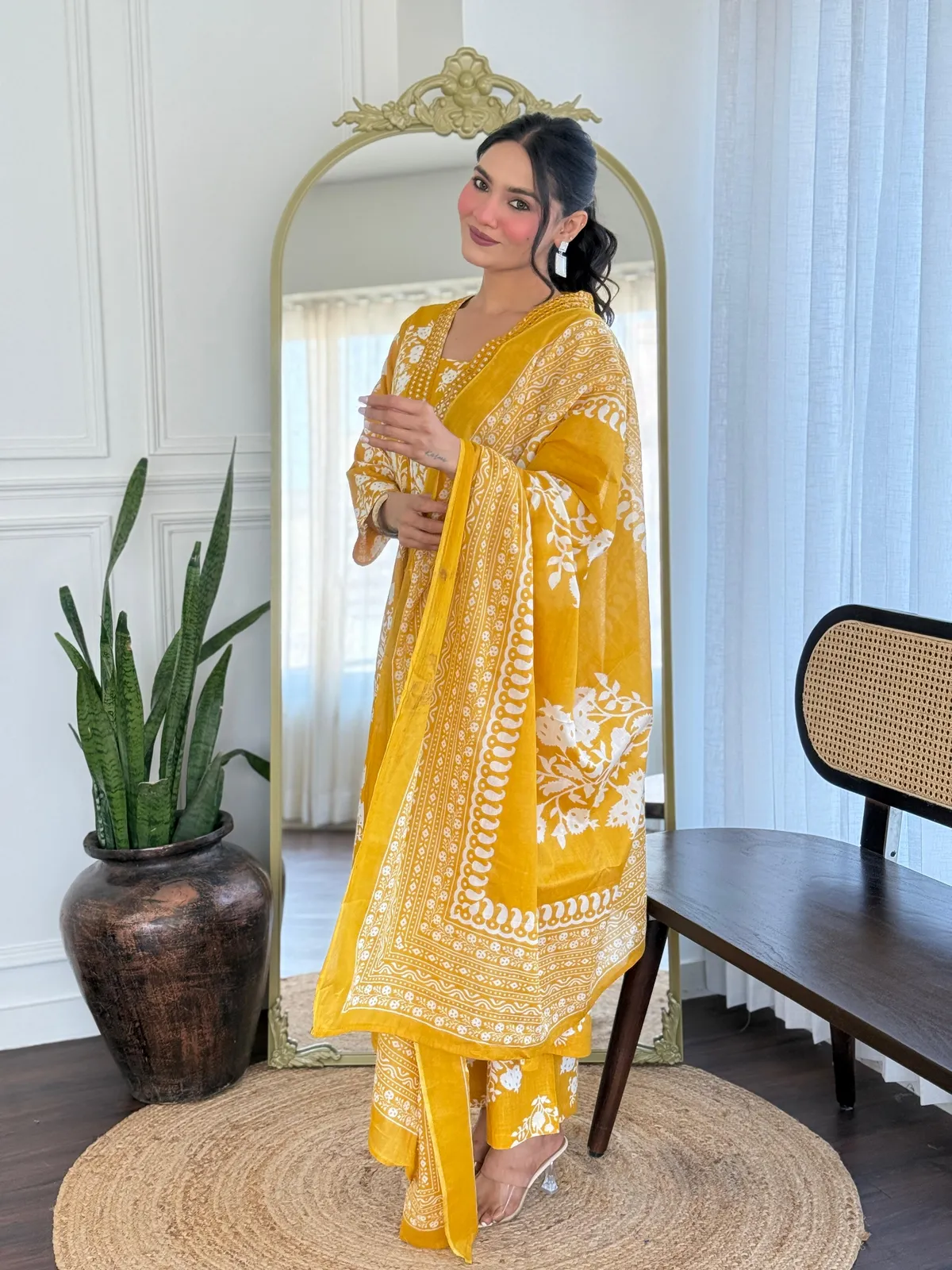 Yellow Pure Cotton Kurta Set for Women | Soft & Breathable Fabric | Ethnic Wear with Straight Pant | Printed Cotton Dupatta | Daily Wear | Office Wear | Summer Ready Traditional Indian Set - Image 2