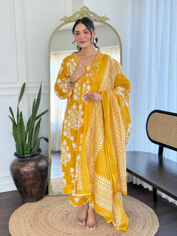 Yellow Pure Cotton Kurta Set for Women | Soft & Breathable Fabric | Ethnic Wear with Straight Pant | Printed Cotton Dupatta | Daily Wear | Office Wear | Summer Ready Traditional Indian Set - Image 5