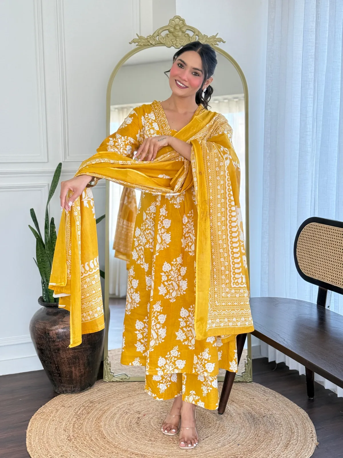 Yellow Pure Cotton Kurta Set for Women | Soft & Breathable Fabric | Ethnic Wear with Straight Pant | Printed Cotton Dupatta | Daily Wear | Office Wear | Summer Ready Traditional Indian Set - Image 3