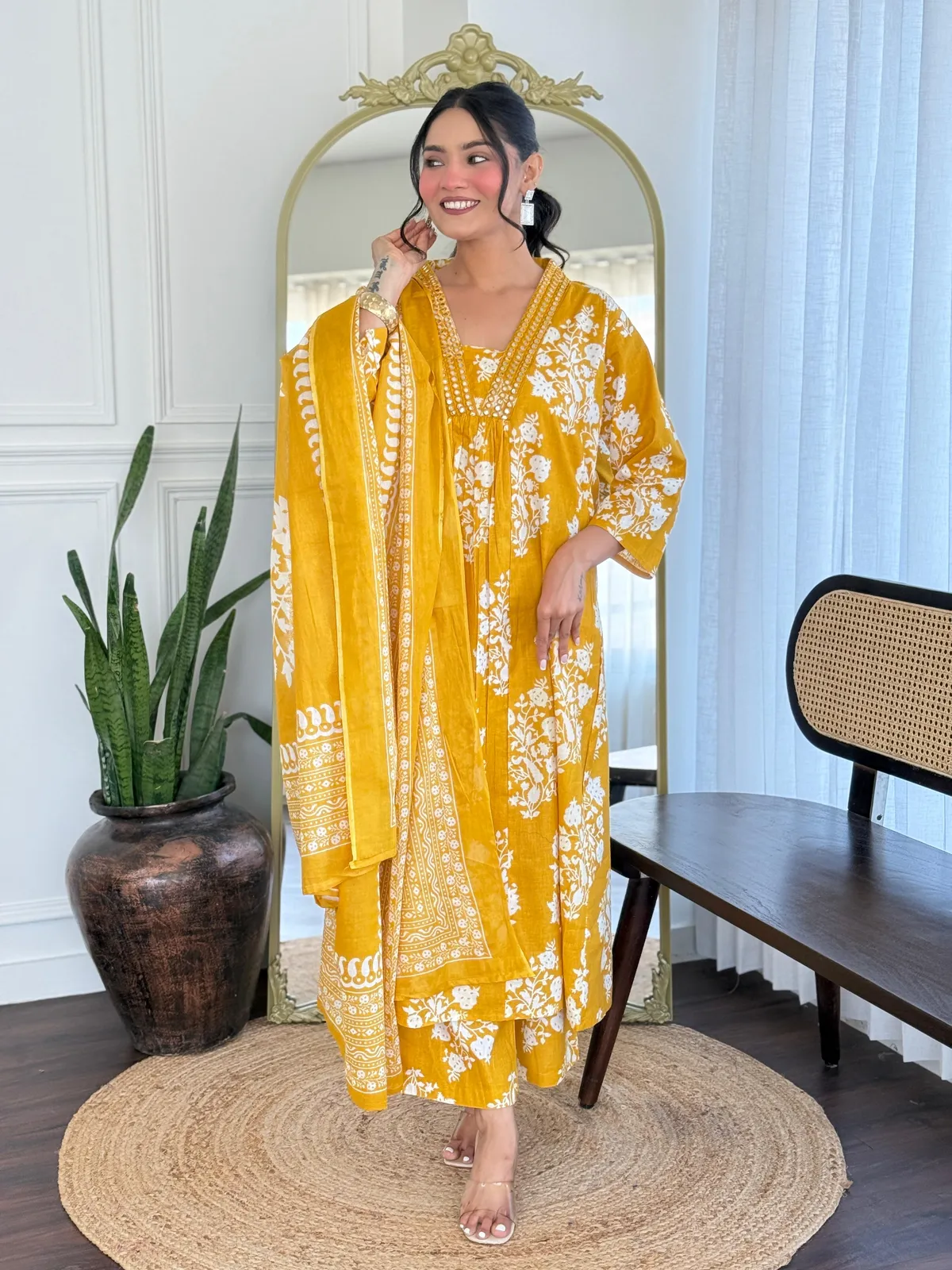 Yellow Pure Cotton Kurta Set for Women | Soft & Breathable Fabric | Ethnic Wear with Straight Pant | Printed Cotton Dupatta | Daily Wear | Office Wear | Summer Ready Traditional Indian Set - Image 4