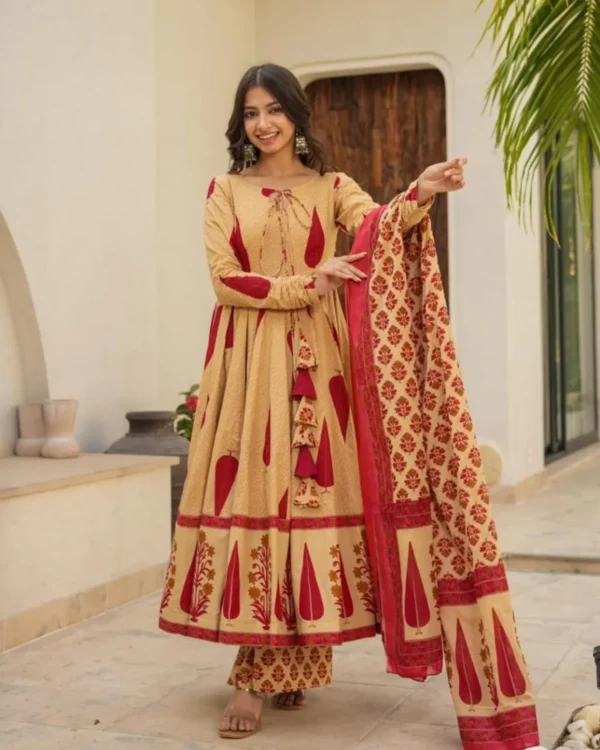 Red Cotton Anarkali Kurta, Pant & Dupatta Set - Priyanka Creations - Image 2