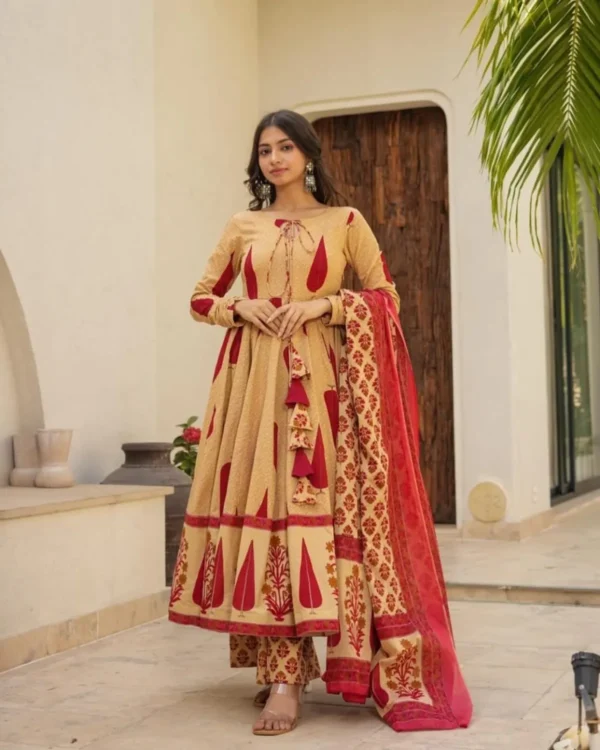 Red Cotton Anarkali Kurta, Pant & Dupatta Set - Priyanka Creations - Image 4